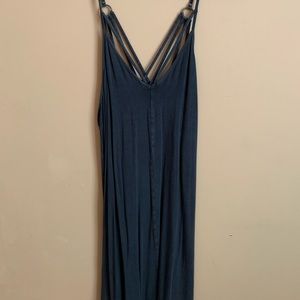 Short, blue dress with criss-cross straps in back